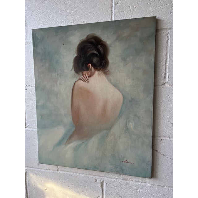 Atmospheric mid-century figurative oil painting depicting a seated female nude viewed from behind. Rendered in a...