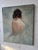 Atmospheric mid-century figurative oil painting depicting a seated female nude viewed from behind. Rendered in a...