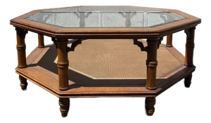 Faux Bamboo Coffee Table Vintage Wood Glass Fretwork Boho Chic Chinoiserie