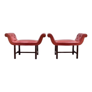 Antique Chippendale Window Benches, Mahogany & Leather, England, 1940s For Sale