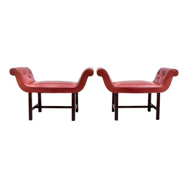 Antique Chippendale Window Benches, Mahogany & Leather, England, 1940s For Sale