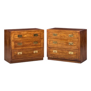 Henredon Scene One Mid Century Oak and Brass Campaign Dresser Chests of Drawers - Pair For Sale