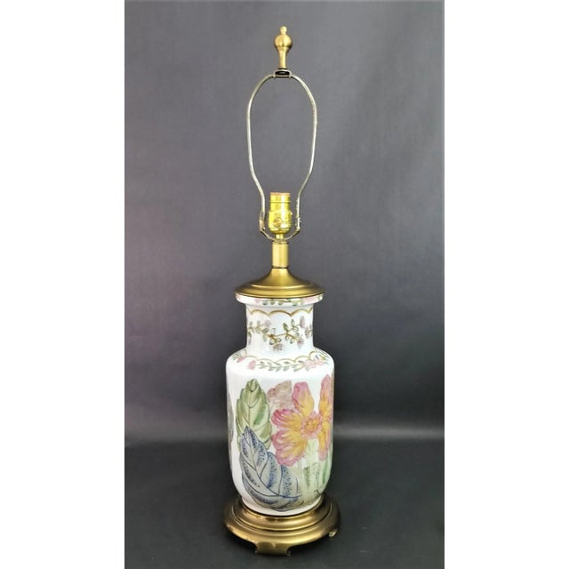 Metal Hand Painted Floral Porcelain and Brass Table Lamp by as You Like It For Sale - Image 7 of 7