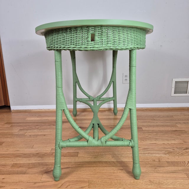 Wood Early 20th Century Celery Green Painted Wicker Oval Sofa Console Table Desk Vanity For Sale - Image 7 of 11