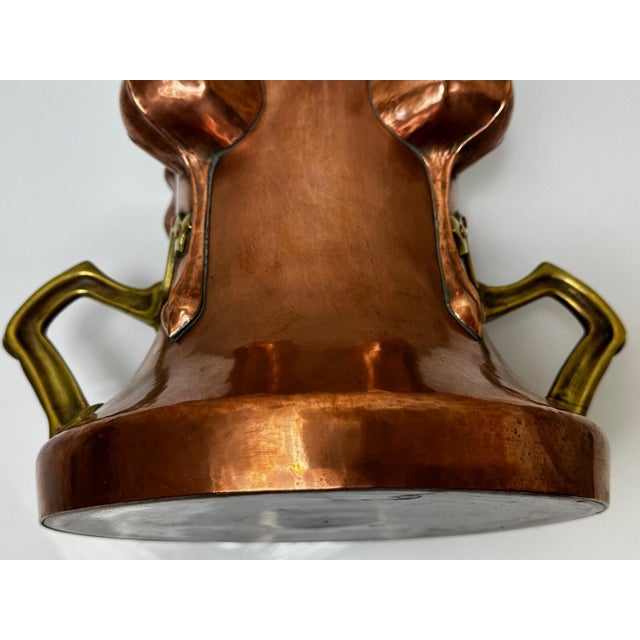 Art Nouveau Beautiful Antique Dutch Copper Quatrefoil Cachepot Home Garden Planter With Brass Handles, Tulip Motif, Late 19th C For Sale - Image 3 of 16
