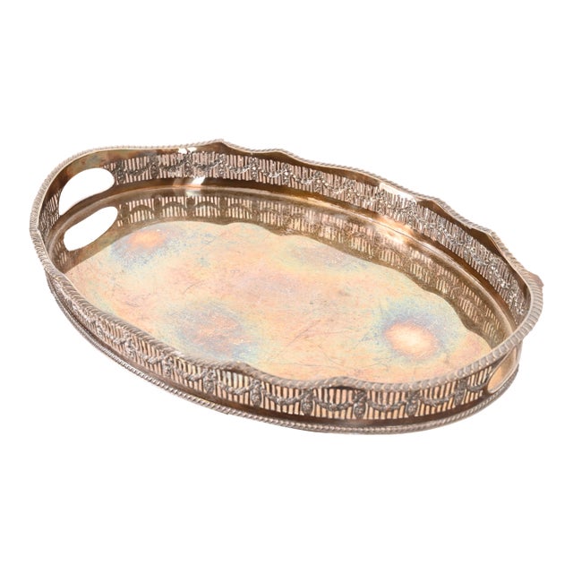 Sheffield English Victorian Silverplate Handled Reticulated Serving Tea Tray For Sale