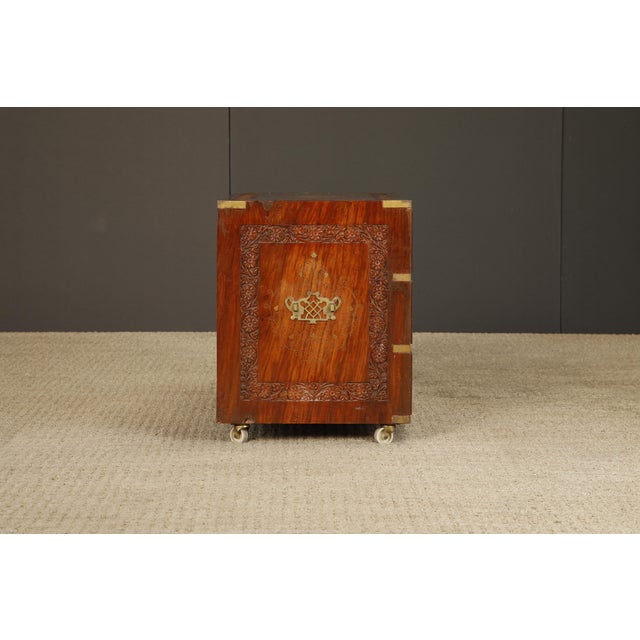 Vintage Campaign Style Inlaid Walnut Dresser Chest, Brass Inlay Carved Wood 10 Drawer Cabinet For Sale - Image 9 of 18