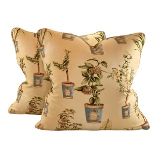 Hand-Printed European Fabricut Vervain Botanique Green Rusty-Red Turquoise Yellow Botanical Potted Floral Pillow Covers- 24" Pair For Sale