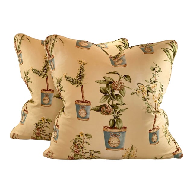 Hand-Printed European Fabricut Vervain Botanique Green Rusty-Red Turquoise Yellow Botanical Potted Floral Pillow Covers- 24" Pair For Sale