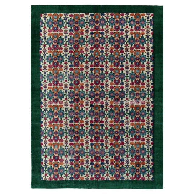 Textile 1960s Hand-Knotted Vintage Art Deco Rug in Green, Beige, Blue Floral Pattern For Sale - Image 7 of 7