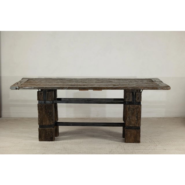 Vintage Rustic Reclaimed Teak Table with Distressed Top and Metal Base For Sale - Image 10 of 12