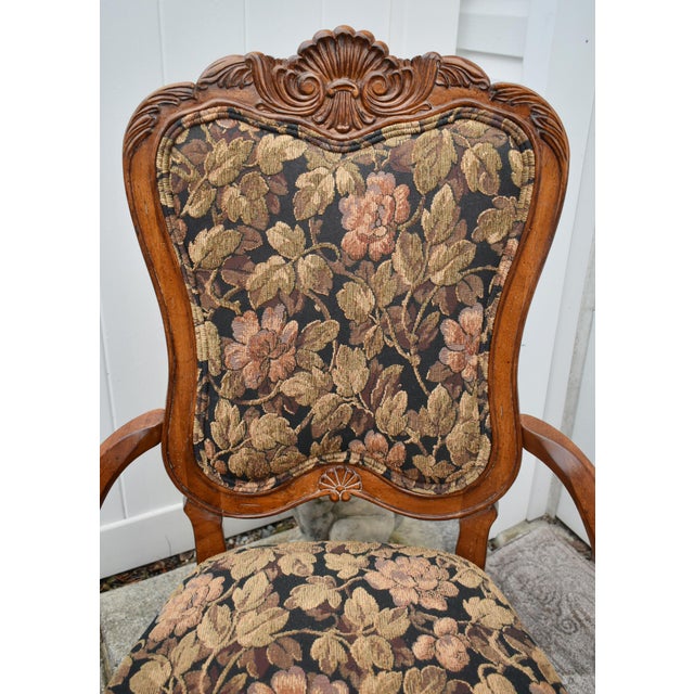 Vintage Pair of Thomasville Carved Tuscan Style Arm Chairs W/Floral Fabric For Sale - Image 9 of 11