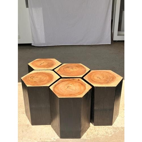 Set of 5 hexagonal stools in two-tone suar forming a set of modular occasional furniture: in fact the 5 elements can form...