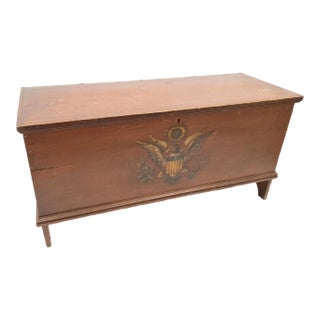 19th Century American Red Painted Blanket Chest With Eagle Decoration For Sale