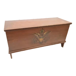 19th Century American Red Painted Blanket Chest With Eagle Decoration