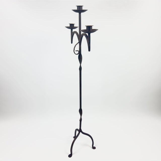 Metal Hand Forged Iron Floor Candelabra 46.5″ (118cm) Antique Copper Patina 3-Arm Wide Base Stable Candle Holder Rustic Decor For Sale - Image 7 of 7