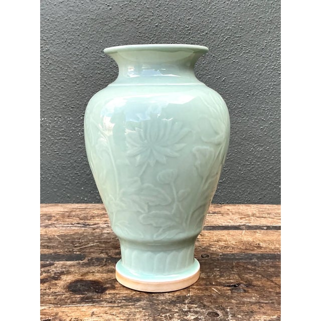 Vintage Celadon Floral Relief Ceramic Vase For Sale - Image 11 of 12