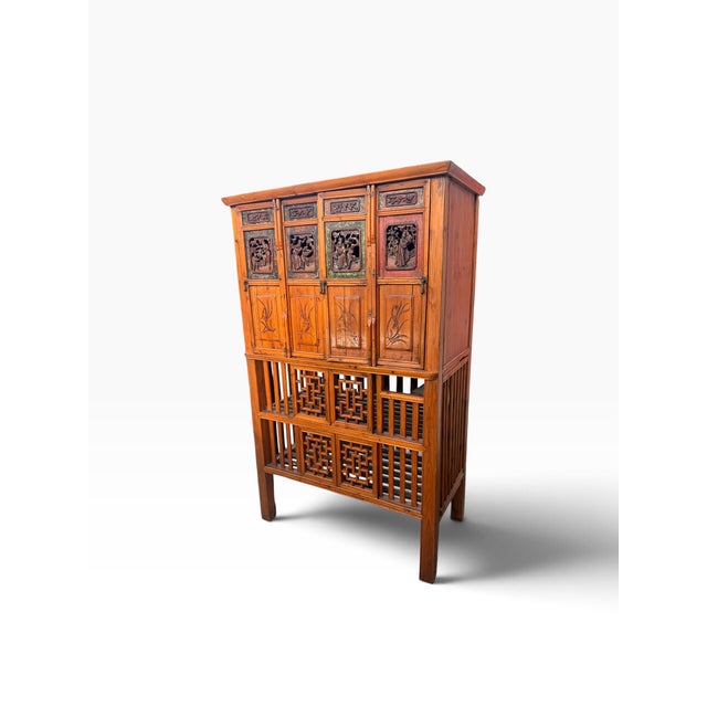 Chestnut Vintage Chinese Carved Wood Food Cabinet With Figural Panels & Geometric Latticework For Sale - Image 8 of 14