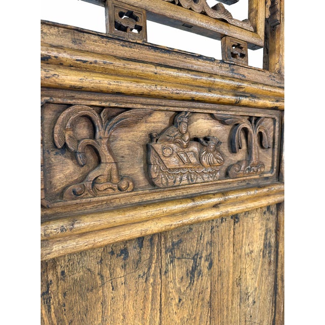 Large Antique Asian Carved Elm Four Panel Folding Screen Room Divider For Sale - Image 11 of 18