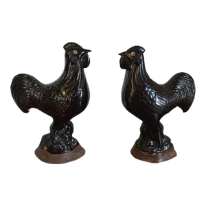 Antique 19th Century Chinese Monochrome Brown Glaze Cockerels or Roosters on Custom Carved Wood Bases - a Pair