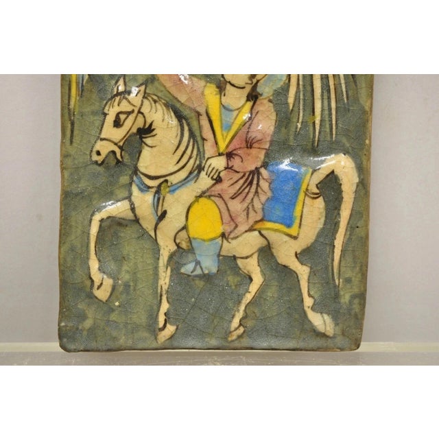 Early 20th Century Antique Persian Iznik Qajar Style Ceramic Pottery Green Tile Phoenix Rider C4 B For Sale - Image 5 of 10