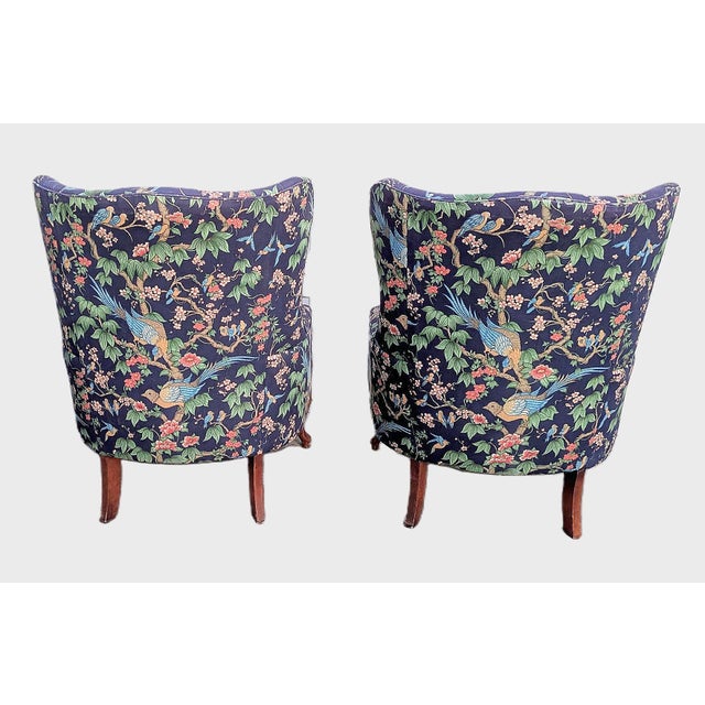 Pair of Vintage Queen Anne Wingback Chairs in Sanderson Chinoiserie Hall Upholstery For Sale In Sacramento - Image 6 of 10