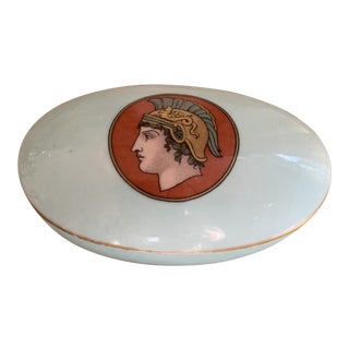 Miniature Oval Handpainted Pale Blue and Rust Neoclassical Style Porcelain Match Holder For Sale
