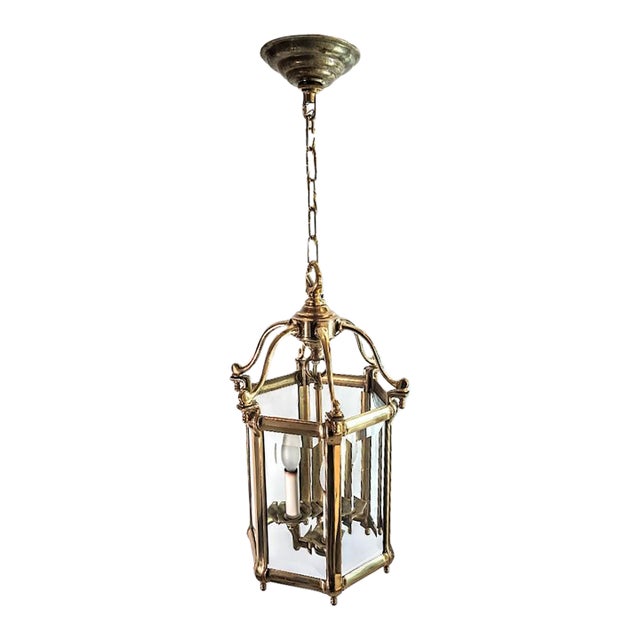 Antique Brass Hexagon Beveled Glass Hall Lantern, Late 1800 - Early 1900 For Sale