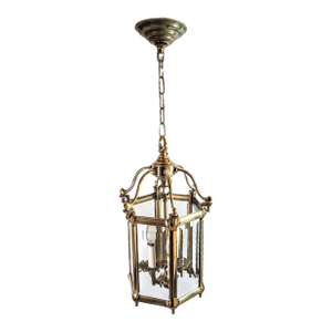 Antique Brass Hexagon Beveled Glass Hall Lantern, Late 1800 - Early 1900