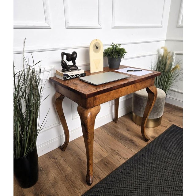 Beautiful Italian desk writing table, in beautiful veneer burl wood forming great decors from different veins, with the...