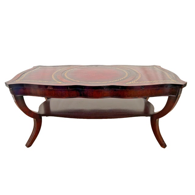Gorgeous Vintage Art Deco style Coffee Table with large Bottom Shelf, Embossed Leather Inlays, Mahogany Frame. 18" Tall x...