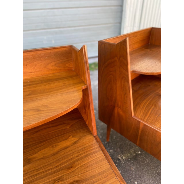 Drexel Mid Century Modern Pair of Two-Tier Nightstands With Double Drawers | Kipp Stewart for Drexel For Sale - Image 4 of 12