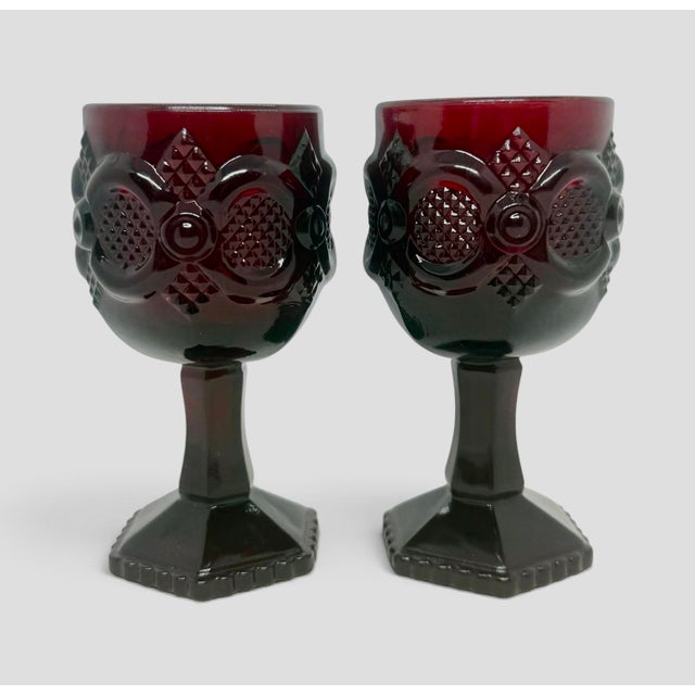 Vintage Avon 1876 Cape Cod Ruby Red Collection 4 1/2” Wine Glasses - A Pair For Sale - Image 11 of 11
