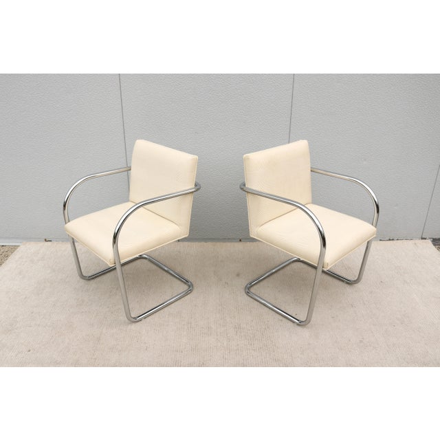Beige Ludwig Mies Van Der Rohe Brno Tubular Chairs in Cream Fabric by Gordon - A Pair For Sale - Image 8 of 18