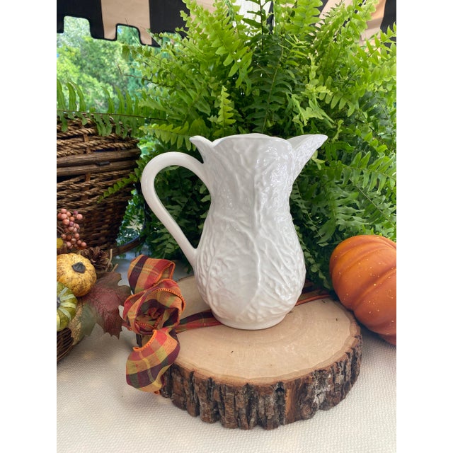 1980's Water Pitcher: White Majolica Cabbage Leaf Design Made in Portugal for Neuwirth, 8.5" HIgh For Sale - Image 11 of 14