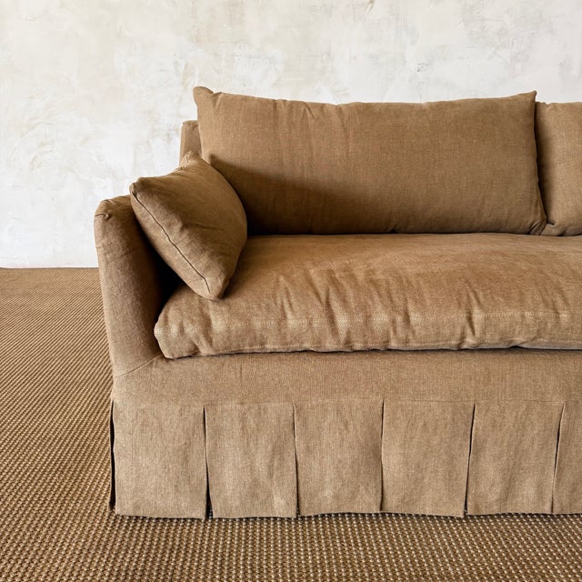 Textile Parisian Sofa Slip Covered in Belgian Spice Linen For Sale - Image 7 of 16