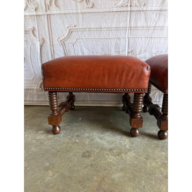 Spanish Colonial Revival Leather Benches With Antique Brass Trim, 1960 For Sale - Image 10 of 12