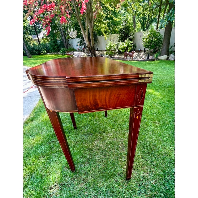 Cinnamon Antique, Flame-Mahogany, Federal Style, Game Table, Swivel and Hinged Flip-Top Mechanism, Geometric String Inlay, C1780-1830, Demilune Console Table For Sale - Image 8 of 12