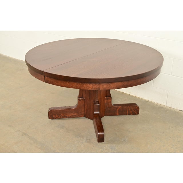 Mission Gustav Stickley Style Antique Mission Oak Arts & Crafts Pedestal Extension Dining Table, Newly Refinished For Sale - Image 3 of 12