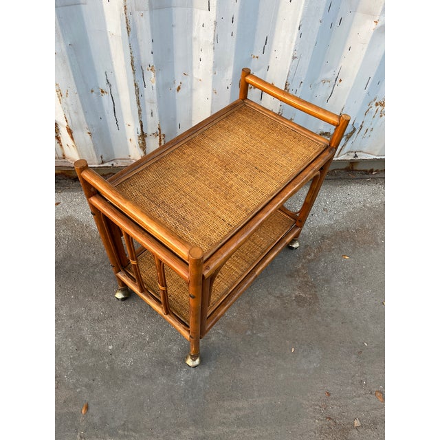 Boho Chic Coastal Style Rattan Dry Bar/ Serving Cart in the Franco Albini's Manner. Circa 1970s For Sale - Image 3 of 18