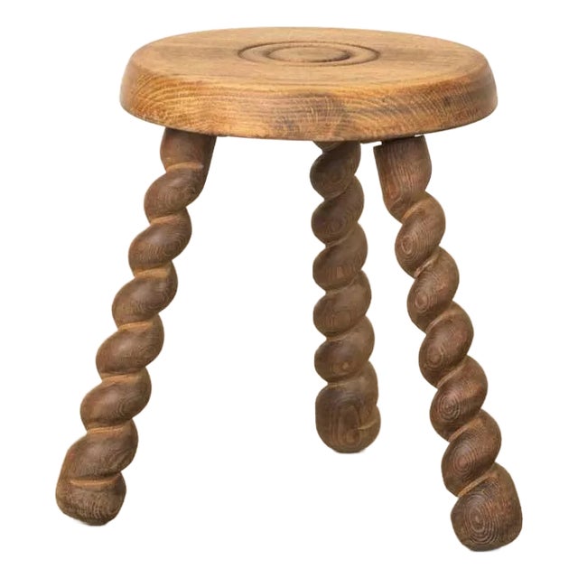 1950s Short French Wood Tripod Stool For Sale
