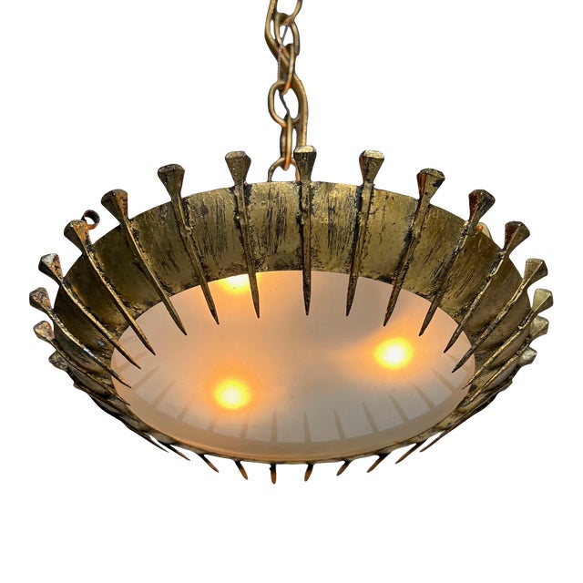 Spanish 1960s Brutalist Gilt Metal Nail Design Sunburst Ceiling Fixture For Sale