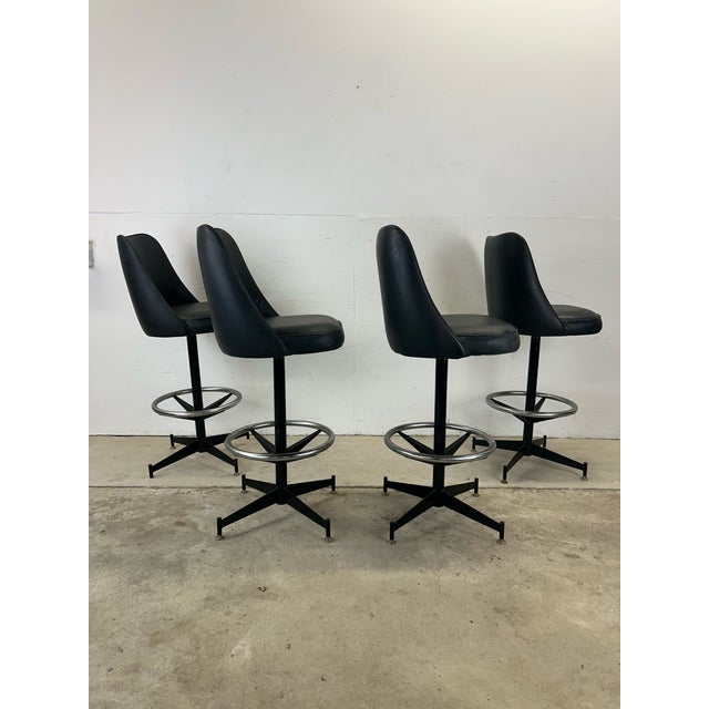 Set of 4 Mid Century Modern Black Vinyl Bar Stools For Sale - Image 9 of 12