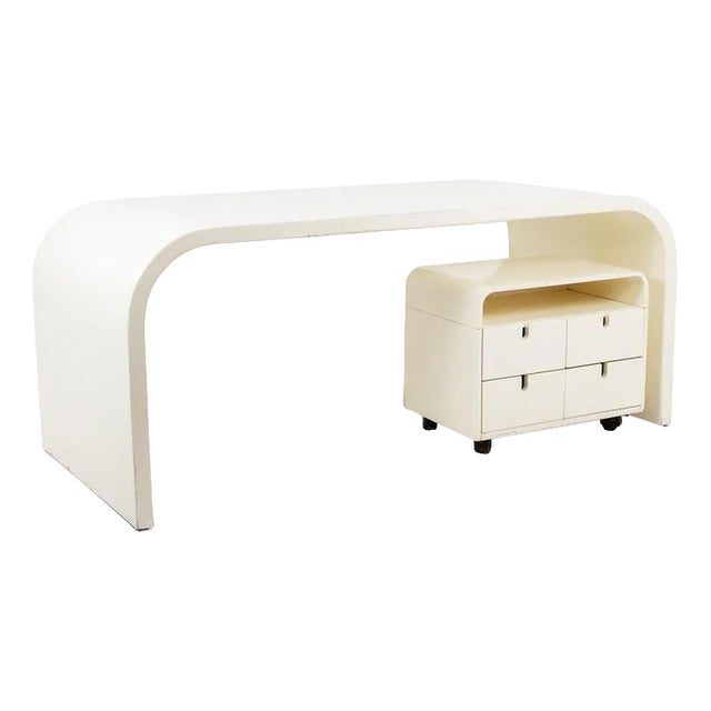 Desk and Cardboard Box in White Lacquered Plywood, 1970s, Set of 2 For Sale