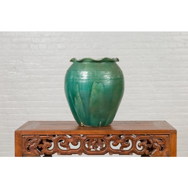 Antique Vietnamese or Chinese Green Glazed Vase with Scalloped Lip For Sale - Image 10 of 13