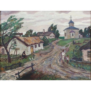 Rural Landscape Antique Oil Painting Original Soviet Art Ukrainian Artist Bibik S. 70-90 1970s For Sale