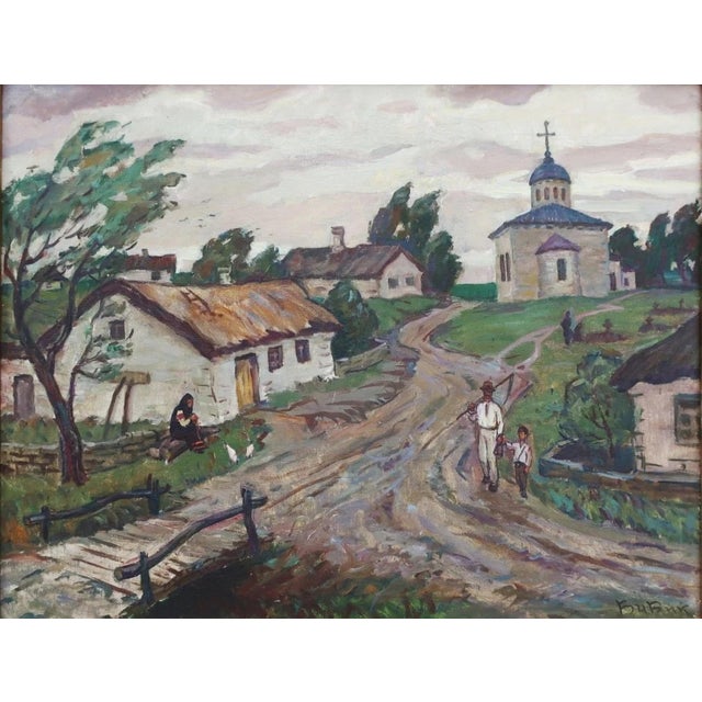 Rural Landscape Antique Oil Painting Original Soviet Art Ukrainian Artist Bibik S. 70-90 1970s For Sale