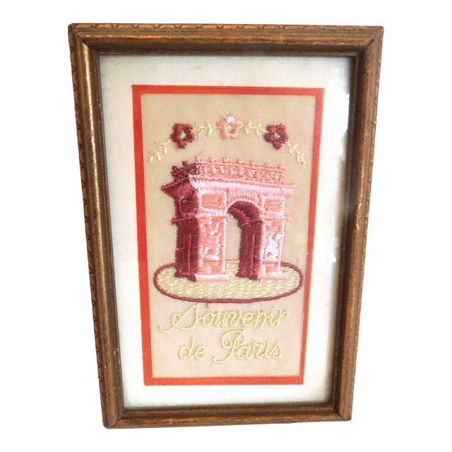 Souvenir De Paris Silk Embroidered Ww1 Arc De Triumph Gold Framed Postcard For Sale