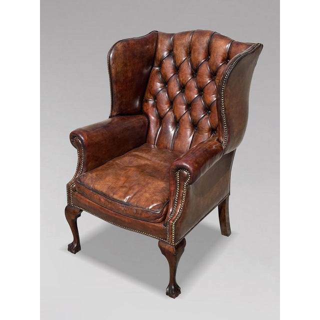 Antique Wing Chair in Brown Leather, 1890 For Sale - Image 3 of 9
