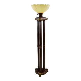 Vintage Neoclassic Style Torchiere Floor Lamp Light Ivory Glass Bowl Shade Four Column Metal Resin Bronze Finish Lion Feet For Sale